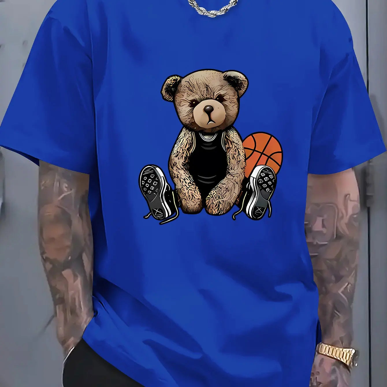 Men's summer 100 cotton fashionable casual sports loose and fun basketball bear pattern printed round neck short sleeved T-shirt