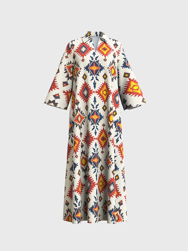 Rafiah Women's Summer Arabian Dress Fashion Full Print Long Sleeve V-Neck Vacation Long Dresses Evening Dresses 2025