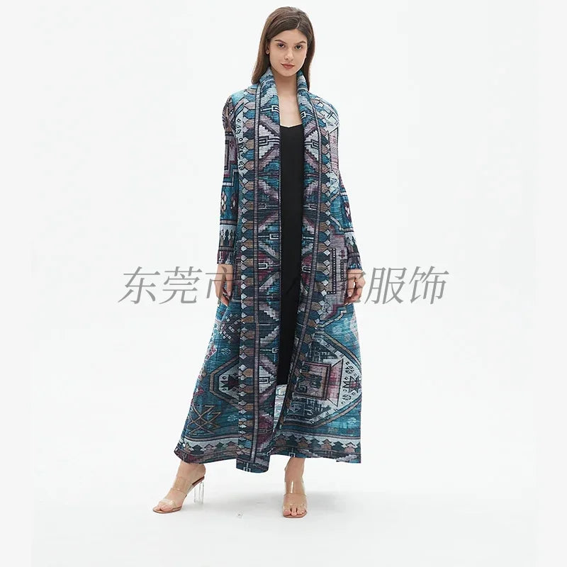 KAF Pleated Large Size Women Trench Coat 2024 Spring and Autumn New Vintage Printed Design Luxury Female Coat Arabian Abaya