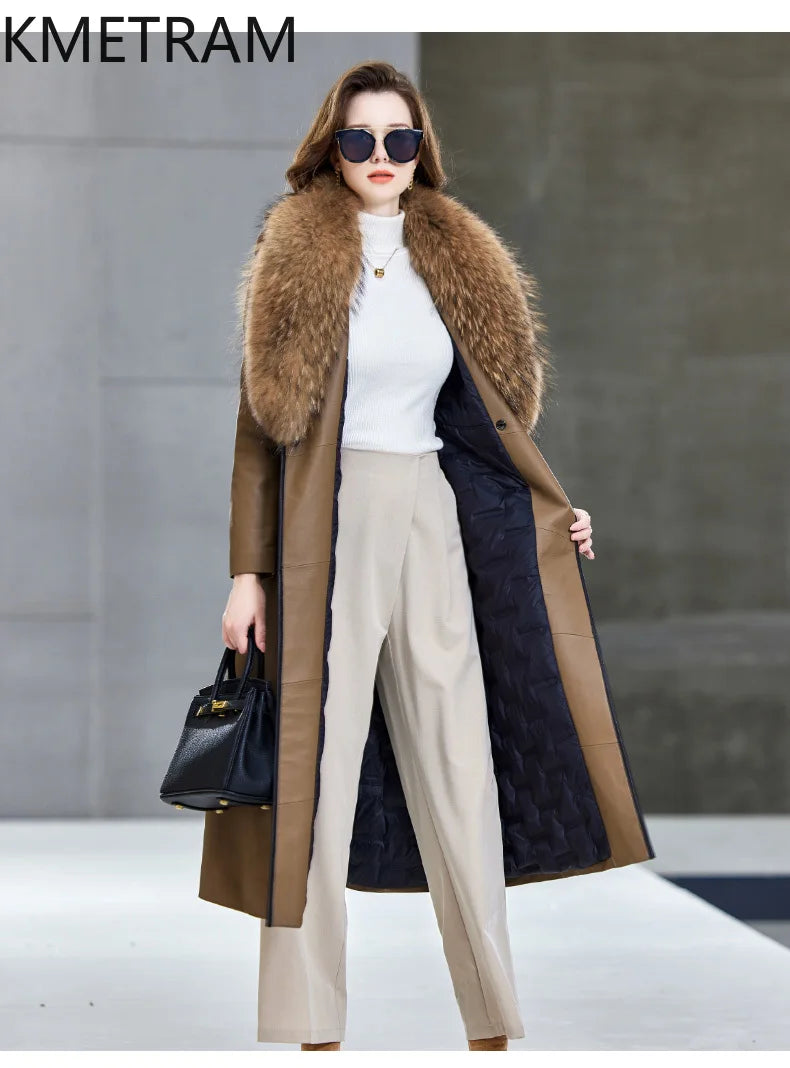 100% Sheepskin Puffer Jacket Women High Quality Long Down Coats Winter Raccoon Fur Collar Coat Womans Clothing Leren Donsjas