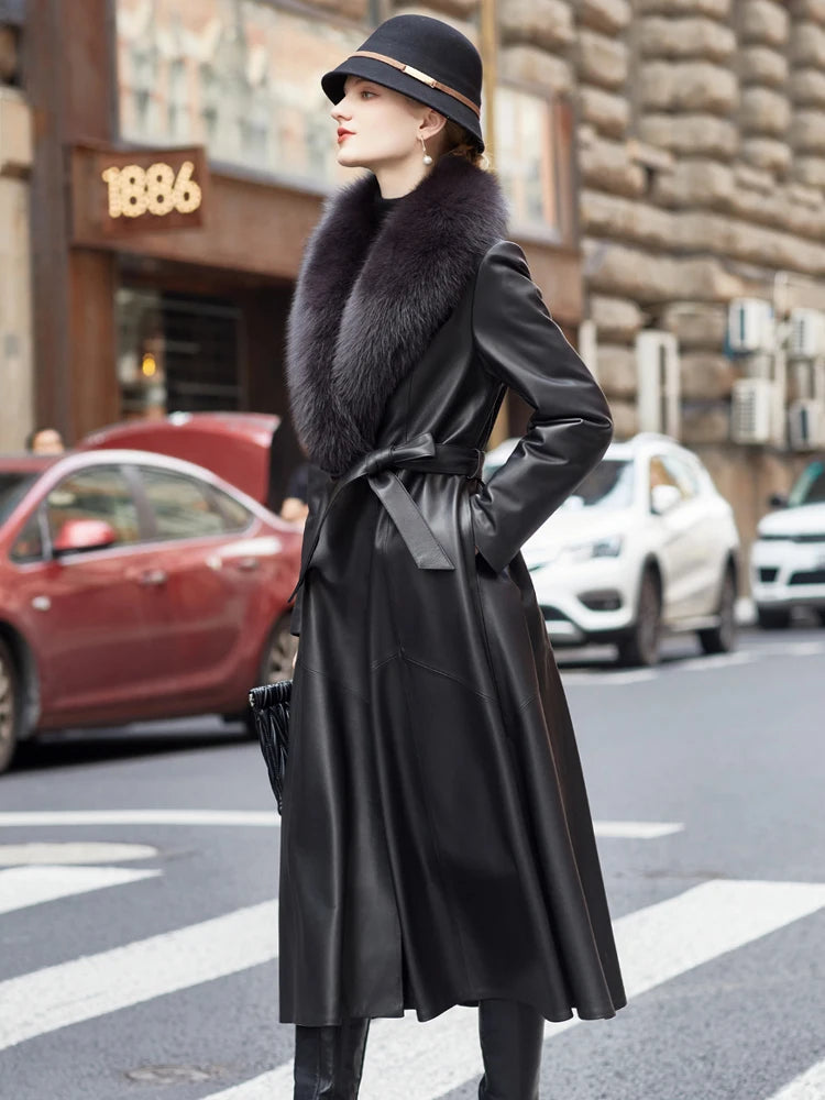 YOLANFAIRY Genuine Leather Down Jacket for Women Elegant Long Coat Women's Winter Jacket Slim Fox Fur Collar Sheepskin Clothes