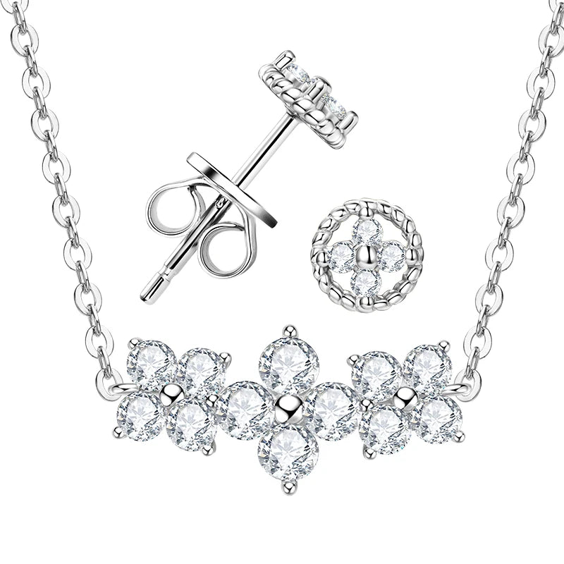 Lnngy GRA Certified Moissanite Stud Earring Necklace Jewelry Set For Women 925 Sterling Silver Four Leaf Clover Pendant Necklace
