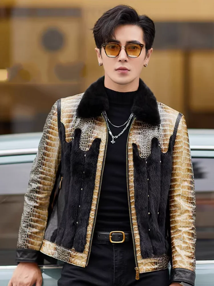 Men’s Party Mink Fur Sheepskin Leather Jacket – Slim Fit Patchwork Winter Coat