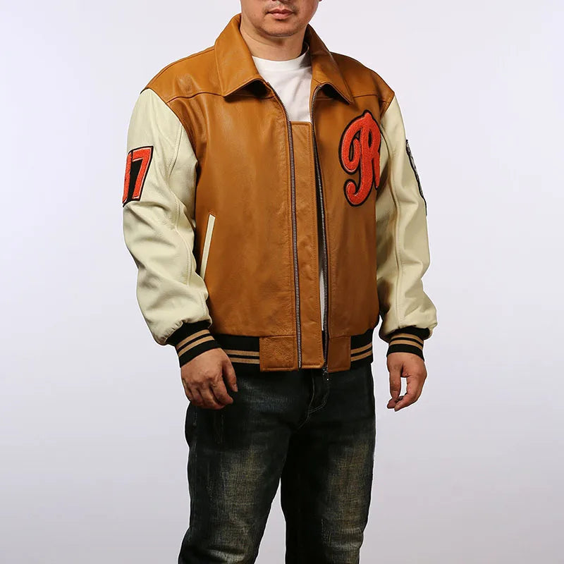 Men large size leather jacket flight suit jacket printed big chief embroidery casual sports yellow cowhide leather jackets tops