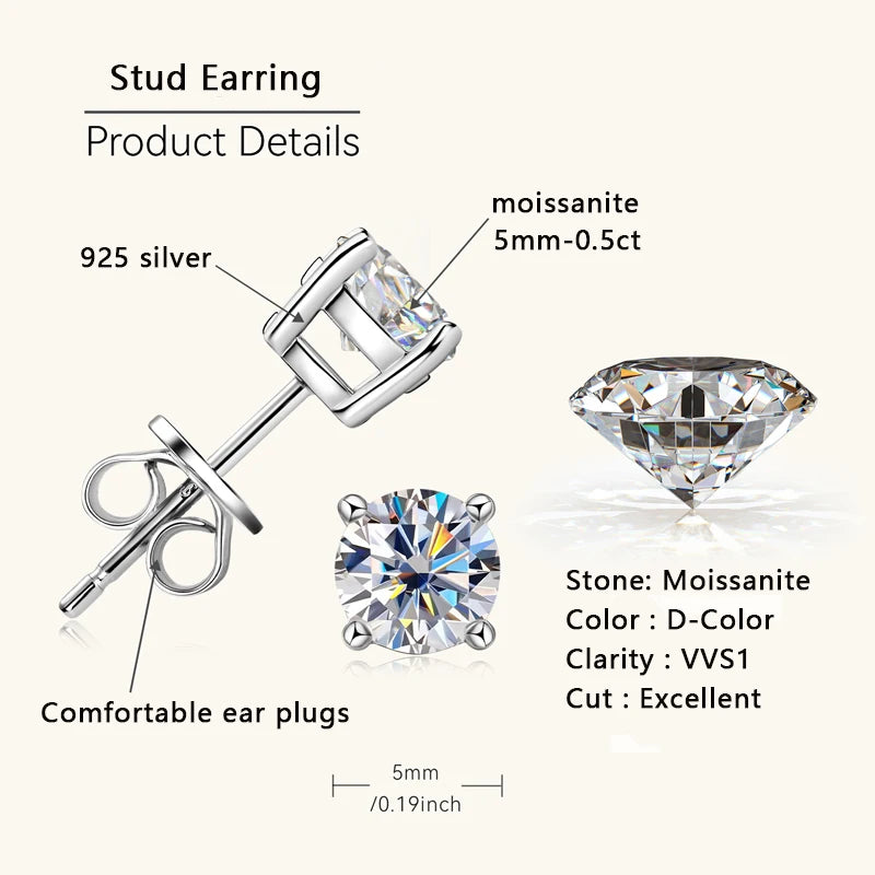 Lnngy Dazzling 5mm 0.5ct Moissanite Earrings For Women 925 Sterling Silver Double Wear Stud Earring Pendientes Plata 925 Jewelry