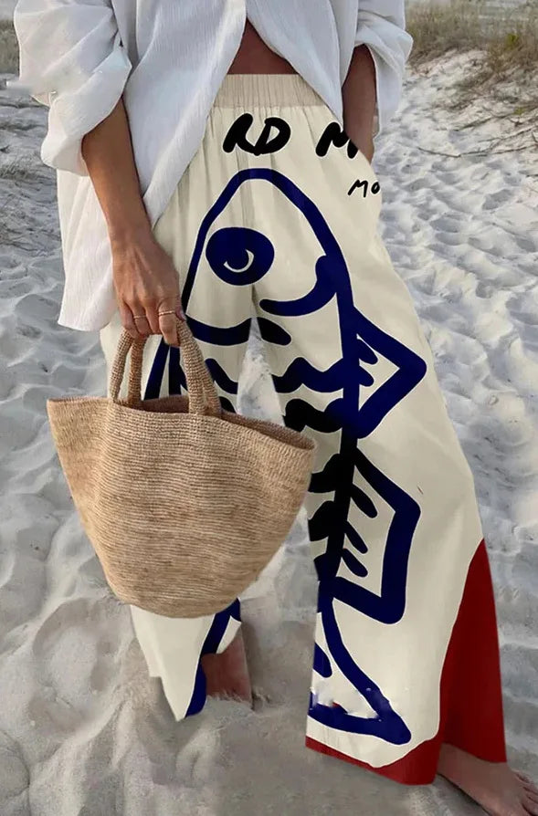 Ladies Beach Pants High Quality Pure Cotton Fabric Blue Fish Graphic Printing Chic Trend Fashion New Loose Wide Leg Trousers