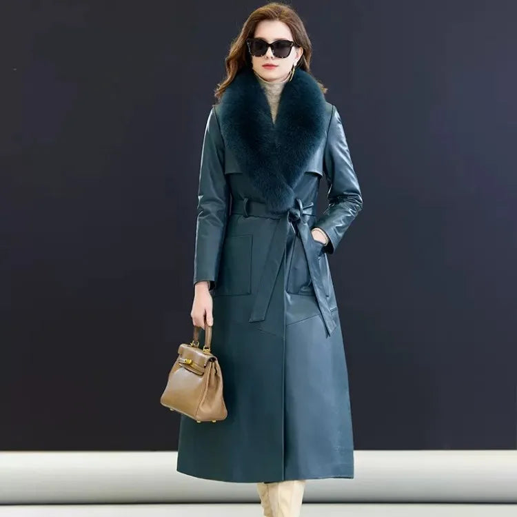 Real Fox Fur Collar Elegant Women Long Trench Coat Belted Slim Fit Winter Warm Sheepskin Down Coat Ladies Genuine Leather Jacket