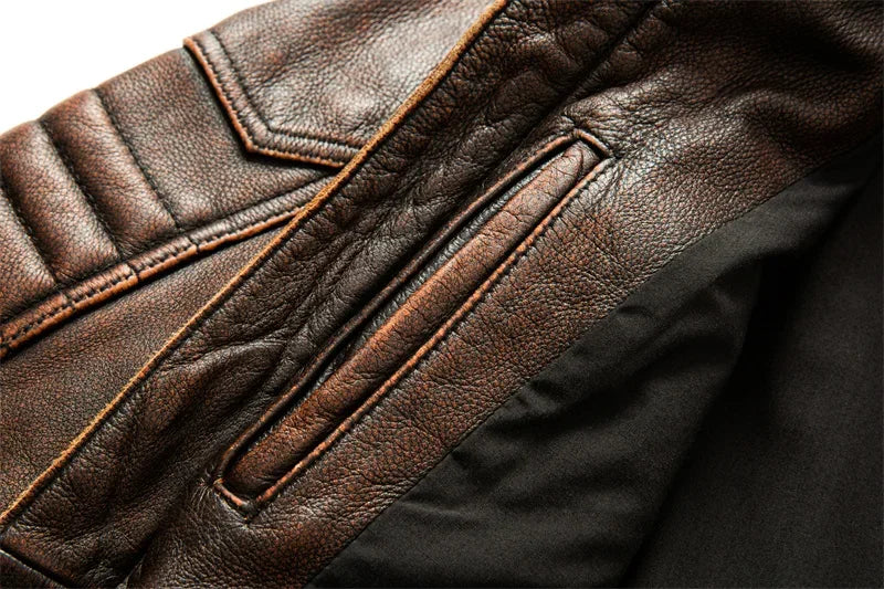 Men's Natural Leather Jacket First Layer Calfskin Stand Collar Motorcycle Jacket Retro Brown Cowhide Jacket Men‘s Biker Clothes