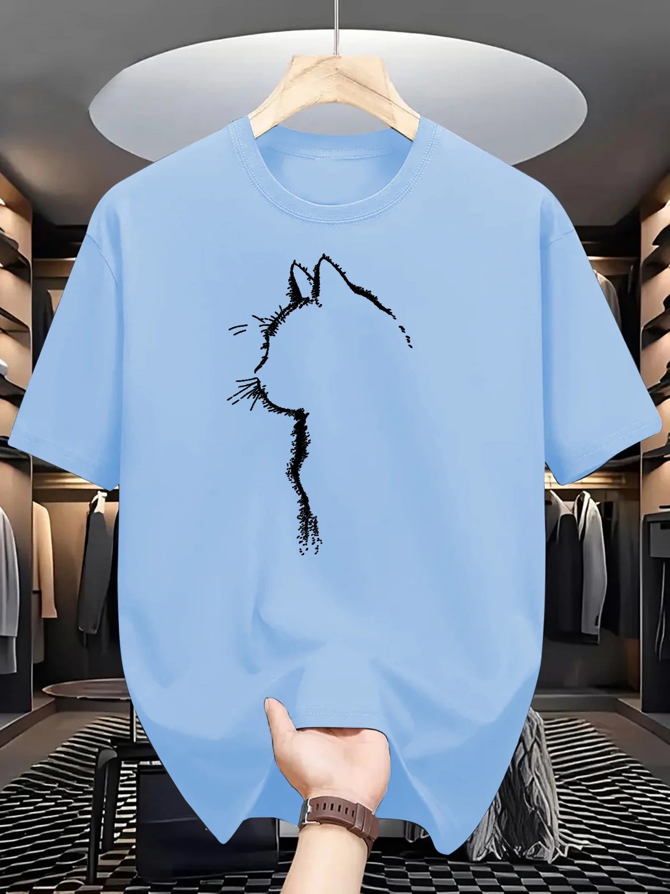 Summer men's 100% pure cotton casual sports loose cat pattern printed comfortable round neck short sleeved T-shirt top
