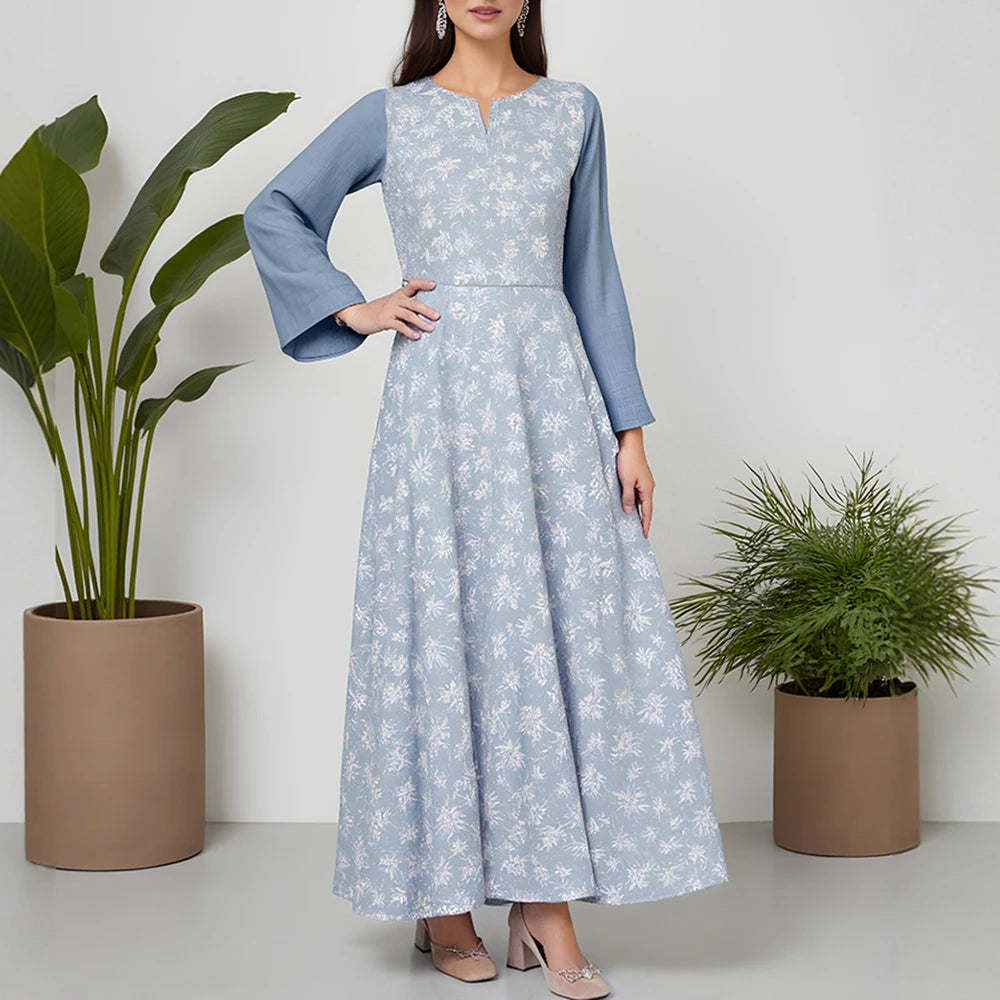 Rafiah Summer Dresses 2025 Women's Elegant Full Print Patchwork Long Sleeve Split Neck Midi A-Line Basics Arabian Dress