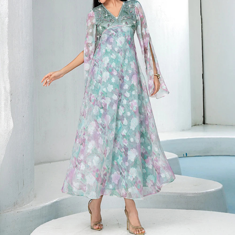 Rafiah Summer Dress 2025 Women's Elegant Embroidered Flares Long Sleeve V-Neck Dating A-Line Long Arabian Dress