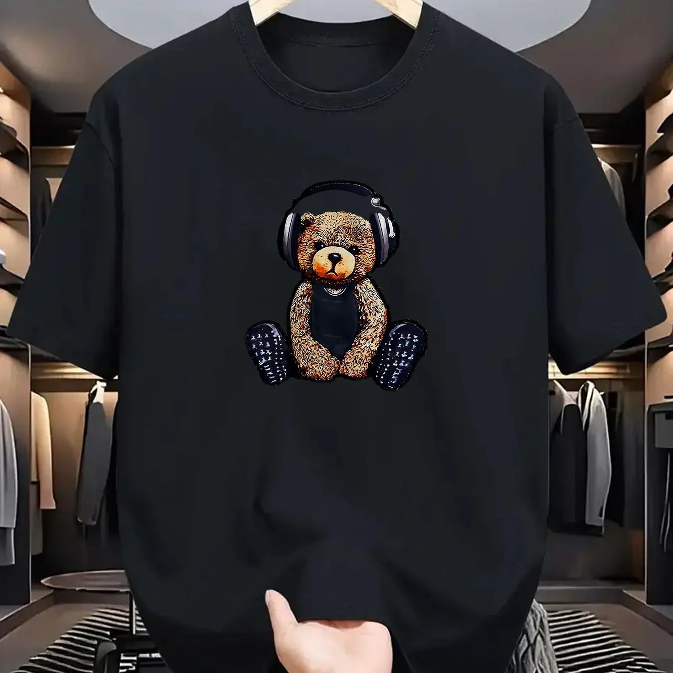 Men's Summer 100% Cotton Fashionable Casual Sports Loose Teddy Bear Headphones Print Round Neck Short Sleeve T-shirt Top