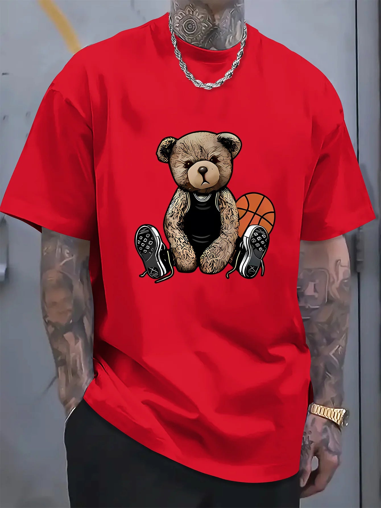 Men's summer 100 cotton fashionable casual sports loose and fun basketball bear pattern printed round neck short sleeved T-shirt
