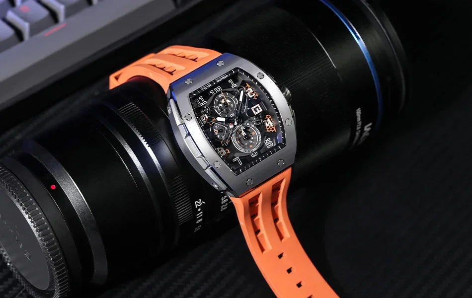 TSAR BOMBA Luxury Mens Watch Top Brand Wristwatch Tonneau Clock Rubber Strap Chronograph Sapphire Watches for Men