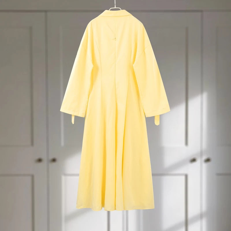 Elegant Lapel Waist-Cinched Pleated Shirt Dress – Women’s Half Sleeve Floor-Length Summer Style