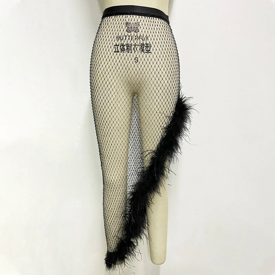 Shiny Crystal Mesh Hollow Split Loose Skirt – Sexy Rhinestone Party Skirt