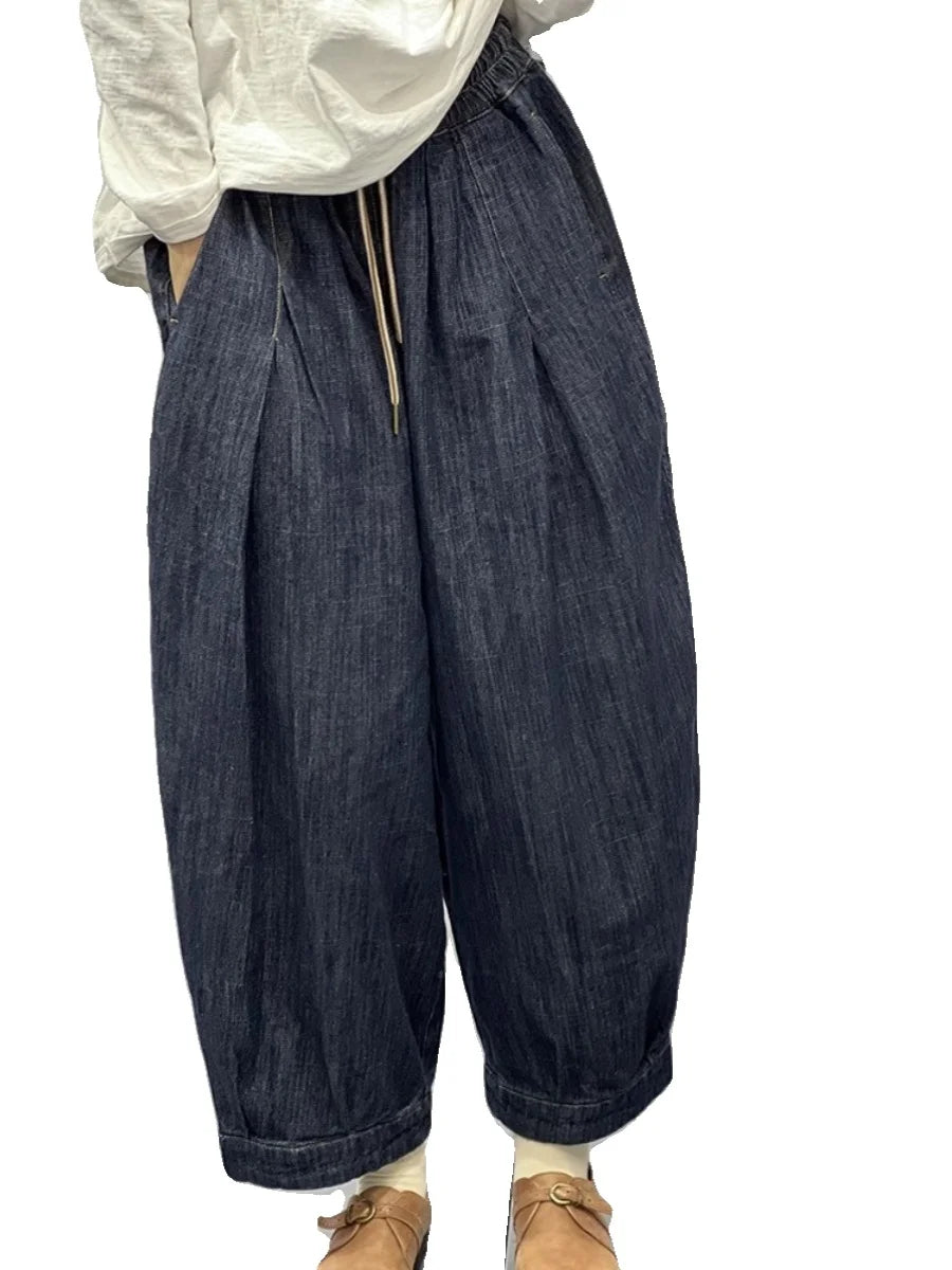 Faionable Retro Artistic Women's Jeans Harlan Pants High Waist Long Trousers All-Match Dstring Elastic Waist Tailored
