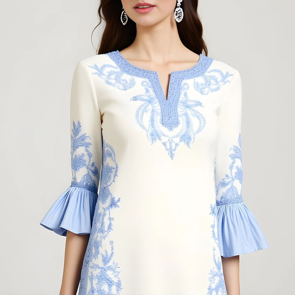 Rafiah Summer Arabian Dress 2025 Casual Traditional Graphic Printing Short Sleeve Split Neck Midi A-Line Long Dress For Women