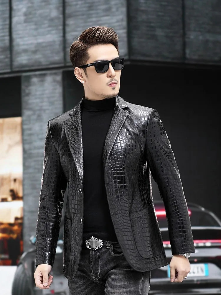 Luxury Business Men Alligator Pattern Genuine Leather Jacket Spring New Single Breasted Slim Fit Real Sheepskin Blazer Suit Coat