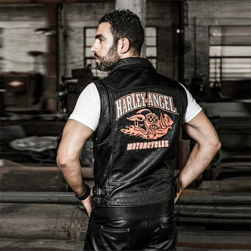 Slim street leather undershirt casual head layer cowhide vest men women couple models motorcycle sleeveless jacket