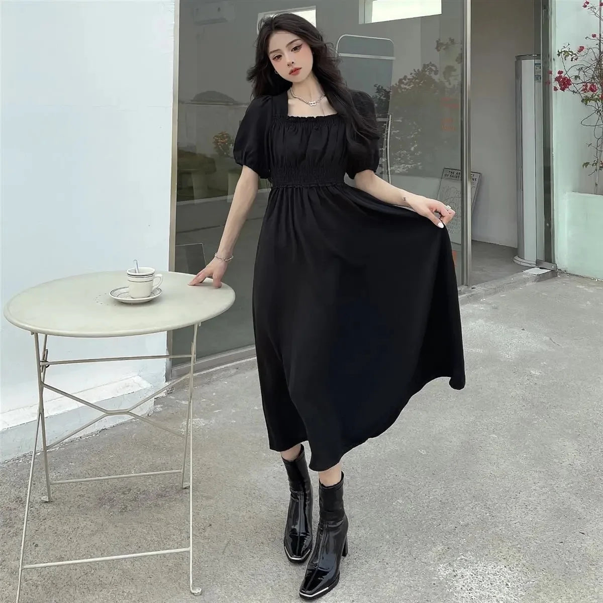 Sweet Retro Hepburn Sle Square Collar Dr Waist-Cinching Long Bla Dr Initial Love Tea Break Faionable Summer Dr