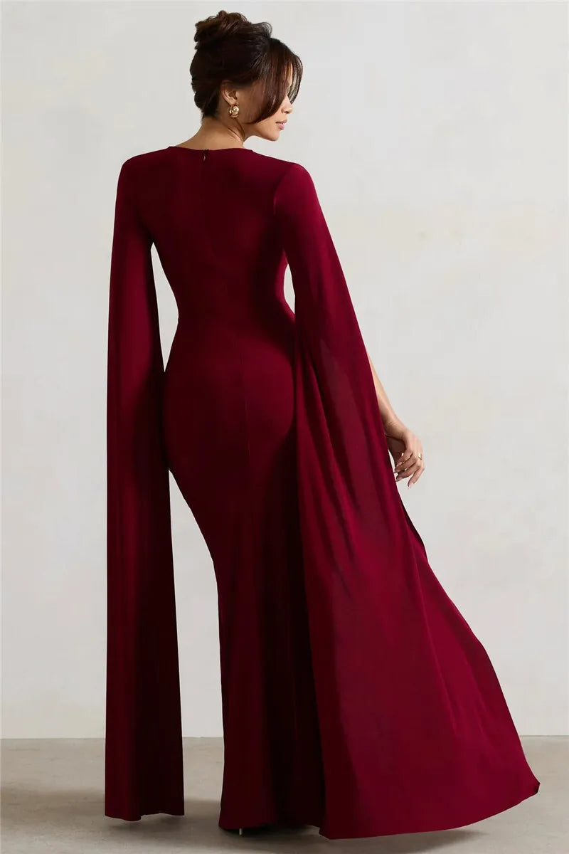 Mozision Long Cape Sleeve Split Maxi Dress For Women Gown Fashion Solid Square Collar Evening Sexy Long Dress Elegant New