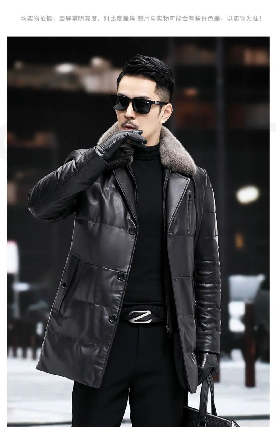 Men's Leather Jacket, Mid-Length, Lapel, Single Breasted Down Jacket, Mink Collar, Sheepkin, Thick Coat, Autumn and Winter