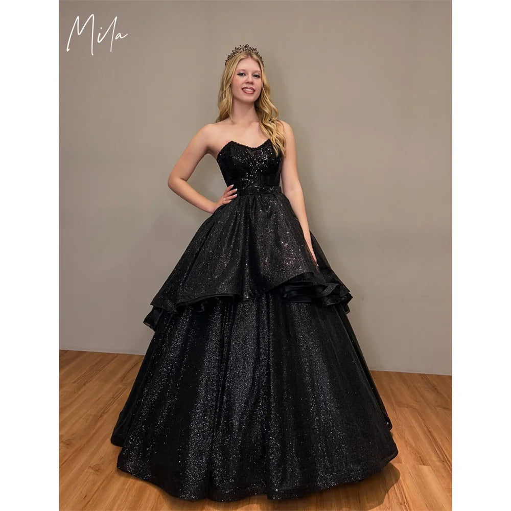 Mila Strapless A-Line Prom Dresses 2025 Sleeveless Shine Sequins Evening Dresses Elegant Floor-Length Customized Party Dresses