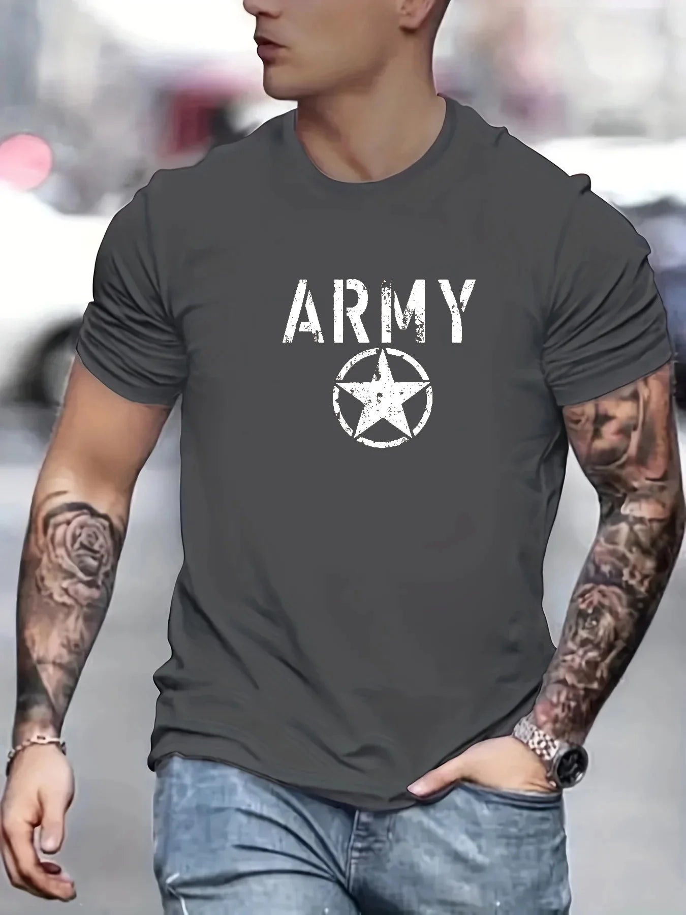 Men's summer 100 cotton fashionable casual loose sports ARMY and five pointed star printed round neck short sleeved T-shirt top