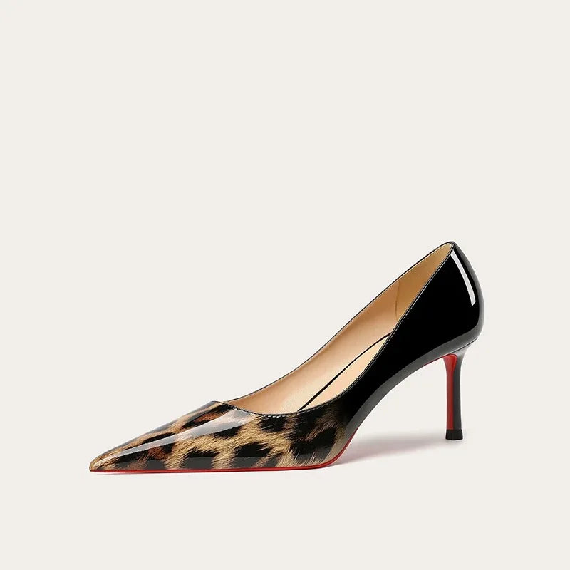 New Gradient Red Bottom Large Heels Sexy Leopard Pattern Pointed Professional Women's Shoes Black Graduation Single Shoes