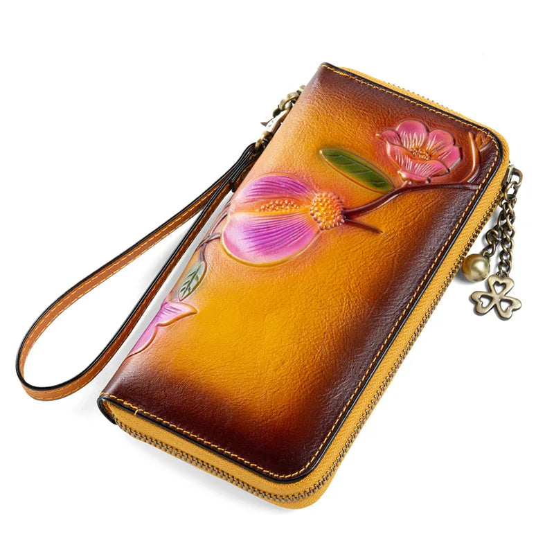 MOTAORA Vintage Genuine Leather Women's Long Wallet | RFID Protected Zipper Purse with Card Holders & Phone Pocket