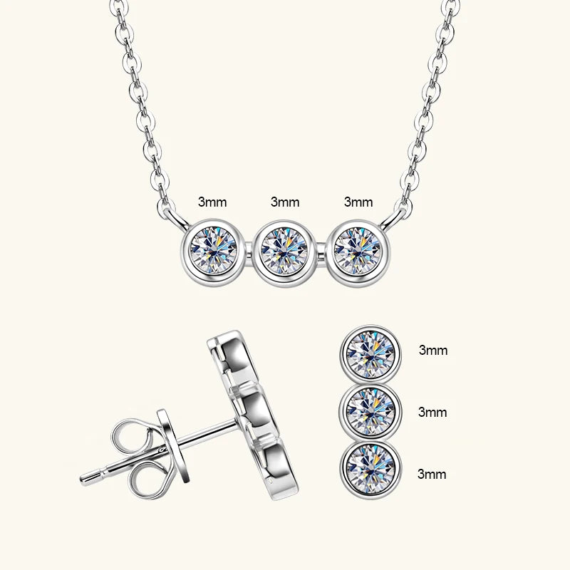 IOGOU 3mm Moissanite Jewelry Sets Real 925 Silver for Women 3 Stones Pendant Necklace Stud Earrings Set Valentine's Day Gifts