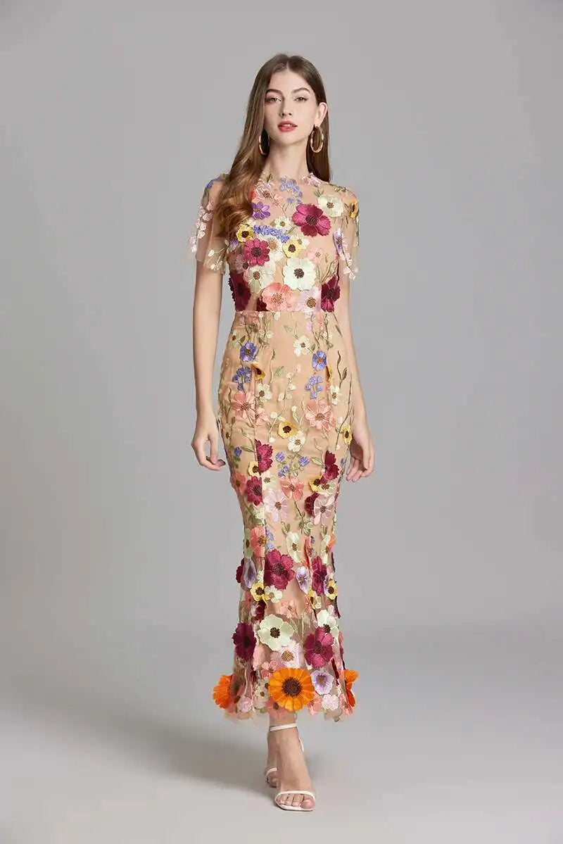 French Luxury 3D Flower Fishtail Lace Prom Dress – Women's Summer Short Sleeve Midi Evening Dress