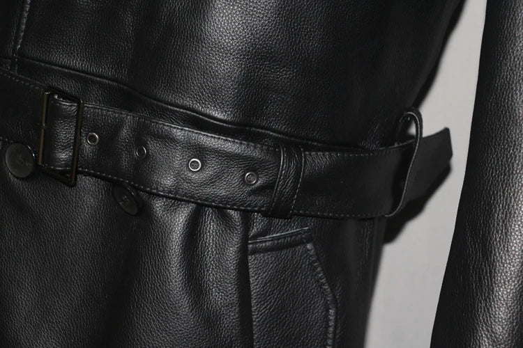 Men's Leather Trench Coat, Genuine Cowhide, Double Breasted, Extended Length Trench Long Coat Windproof Belt, Autumn Winter,6XL