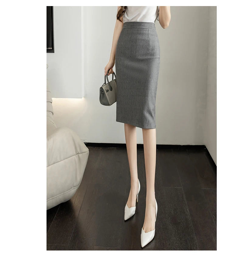 Classic Vintage Gray Red Stretch Pencil Skirts For Women Office Lady Formal Black Midi Skirts Elegant Female Package Hip Skirts