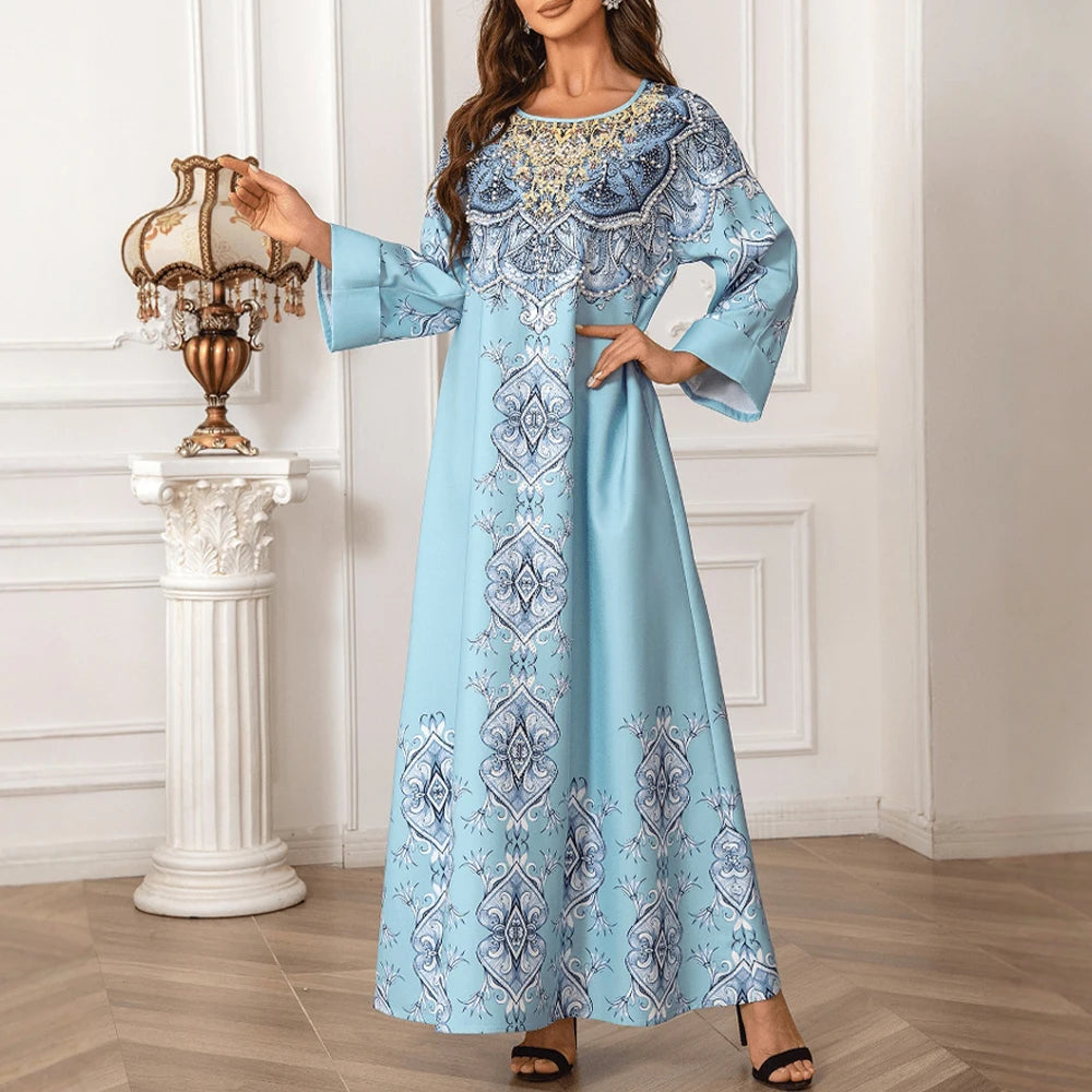 Rafiah Summer Dress 2025 Women's Arabian Opulent Geometric Print Rolled Long Sleeve Round-Neck A-Line Basics Midi Dress