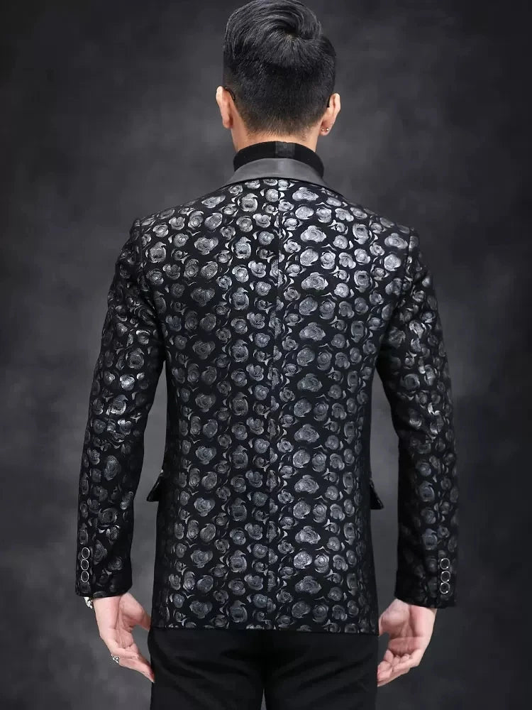 New Designer Business Men Work Floral Printed Blazer Suit Coat Autumn Slim Fit Single Breasted Sheepskin Genuine Leather Jacket