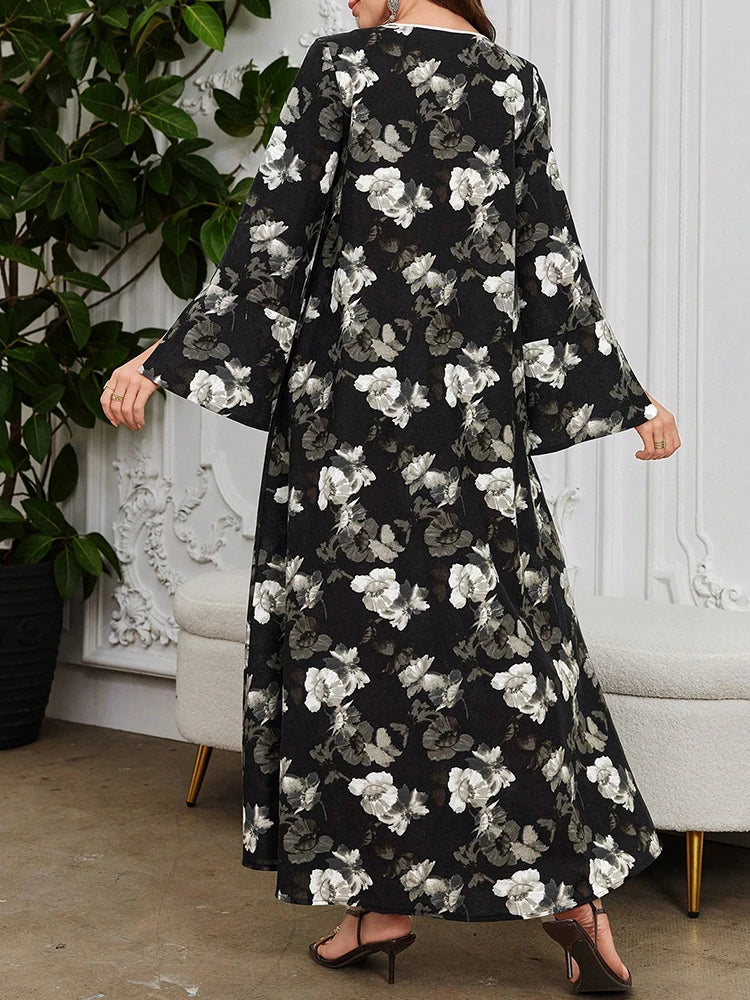 Rafiah Ramadan Women's Dresses Wide Long Sleeve Arabic Dress with Front Stripe Design and Wide Hem V-Neck Printed Linen