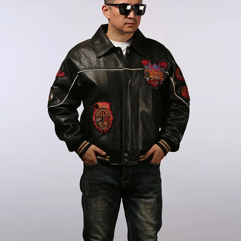 Men leather jacket sheepskin retro leisure Europe the United States large size flight suit loose version casino poker warm