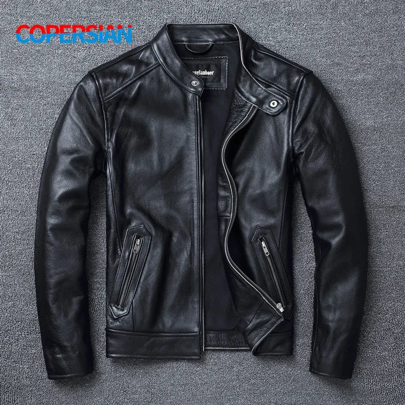 Top Layer Cowhide Slim Fit Stand Collar Motorcycle Suit Men's Leather Jacket Soft Cowhide Large Size Jacket Fashion