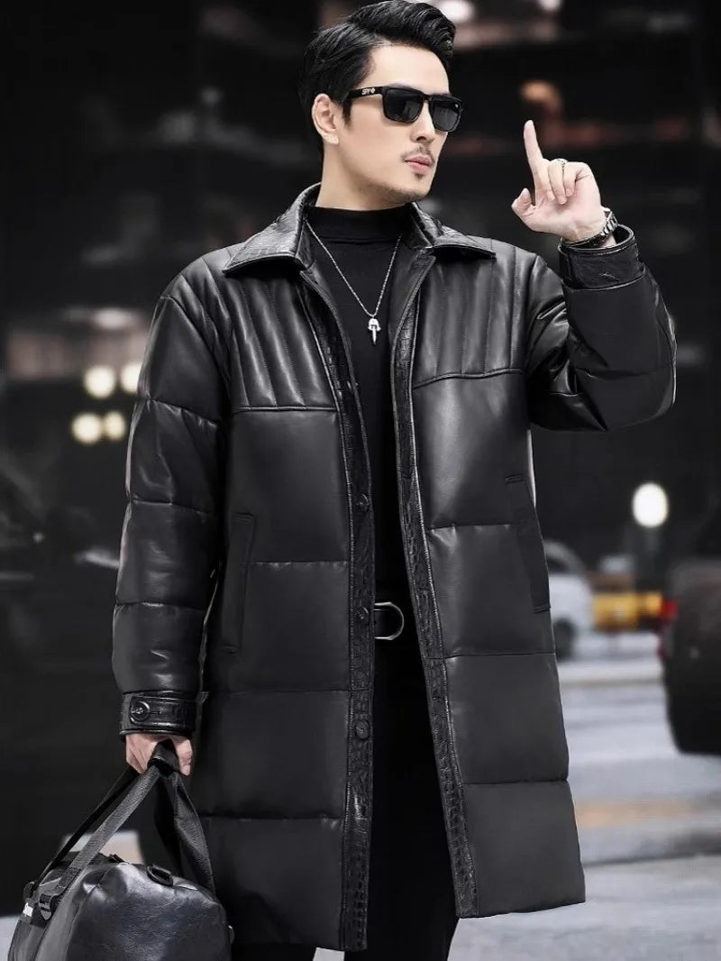 Winter Mens Sheepskin Genuine Leather Down Coat Thicken Warm Single Breasted Turn-Down Collar Medium Length Overcoat Size 5XL