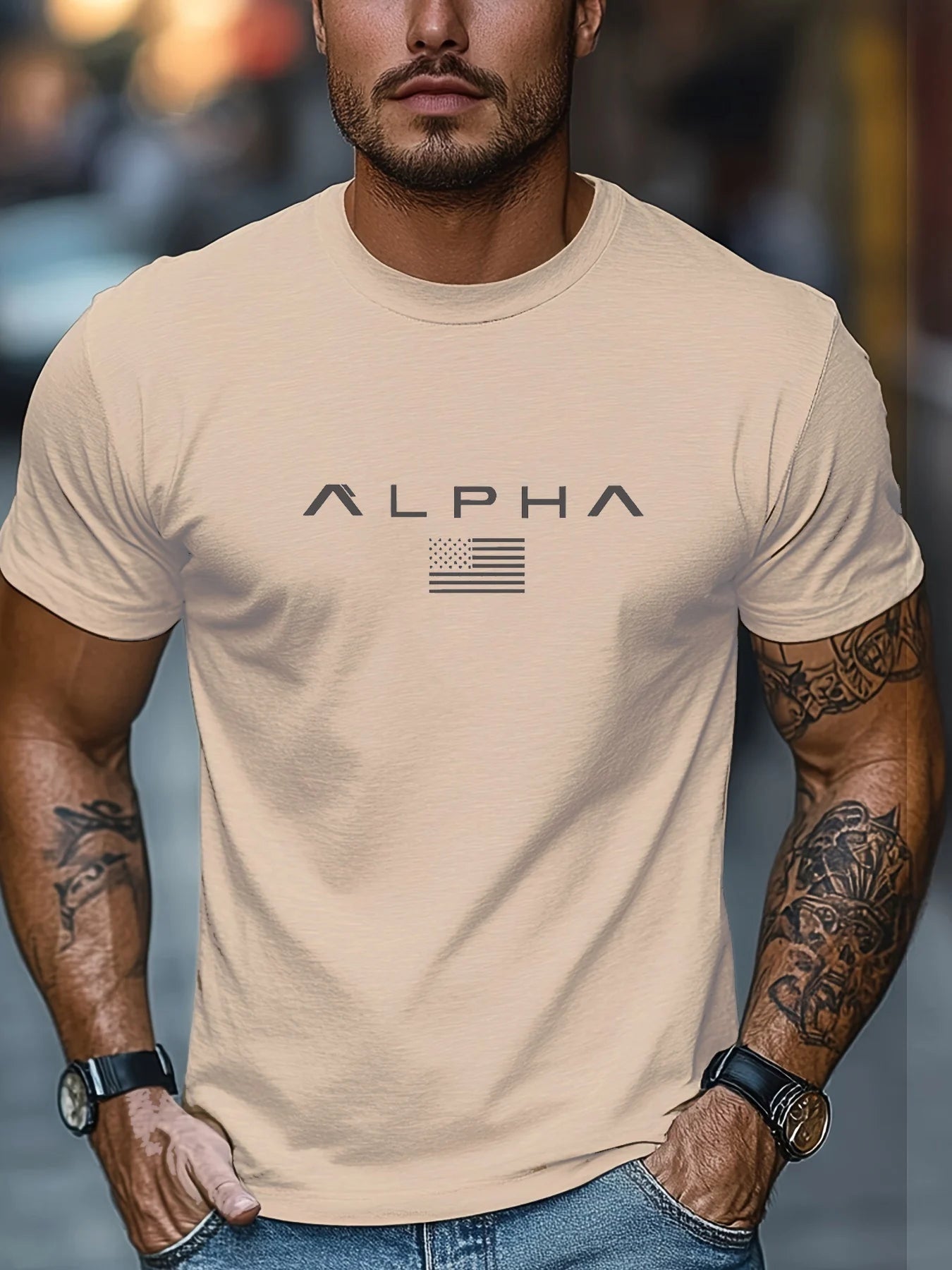 Men's summer 100 cotton ALPHA printed loose solid color multi-color optional sports round neck short sleeved T-shirt top