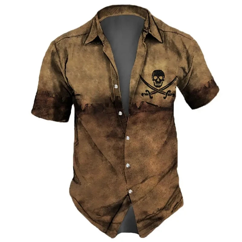 2023 Men's Shirts Lapel Streetwear Vintage Shirt For Men Skull Hip Hop Short Sleeve Top Party Summer Casual Hawaiian