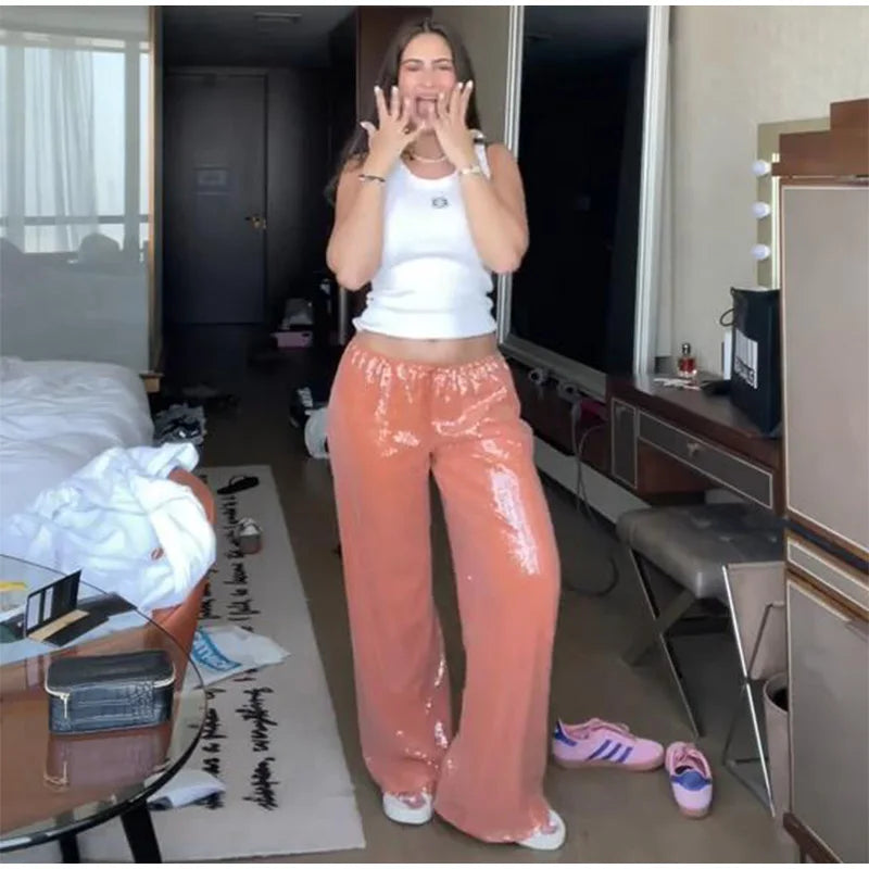 Loose Solid Color Sequin Pants Woman Cinched Waist Glitter Straight Baggy Long Pants Casual Street Chic Sparkle Women's Trousers