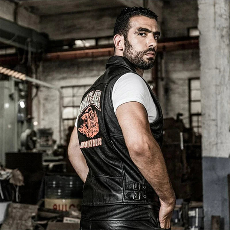 Slim street leather undershirt casual head layer cowhide vest men women couple models motorcycle sleeveless jacket
