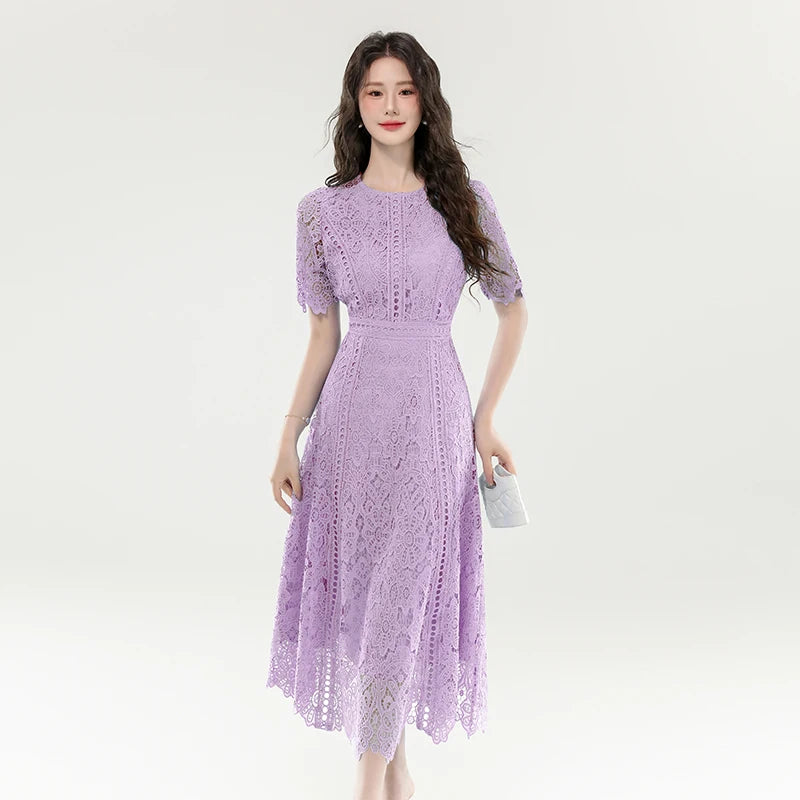 2025 New Summer French Elegant Fashion Evening Dress Women Lace Hollow Out Crochet Party Dress Casual Chic Holidays Clothing