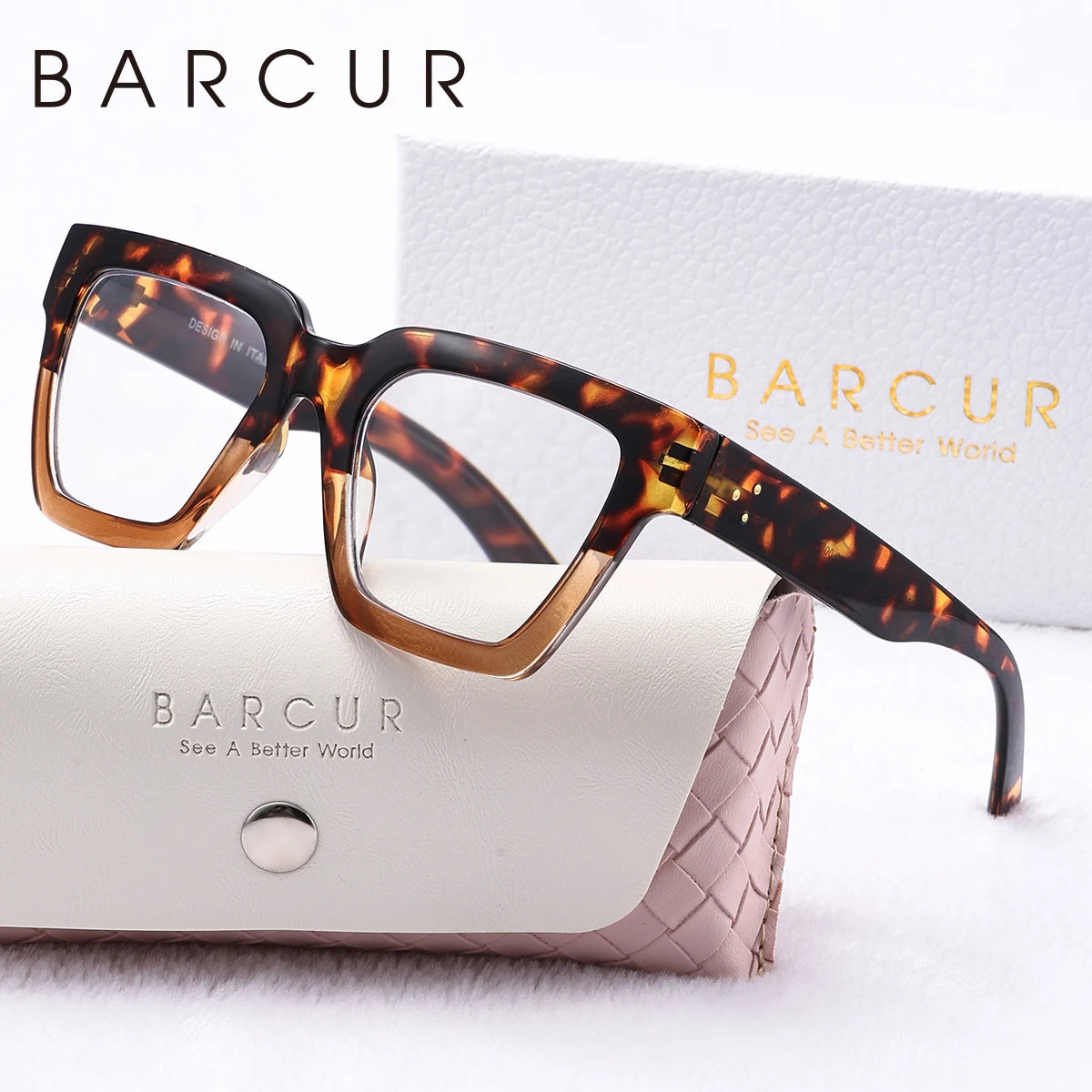 BARCUR Women Large Frame Pink Reading Glasses PC Square Thick Frame Reading Multiple Degree Optional Men Glasses White Gift Box