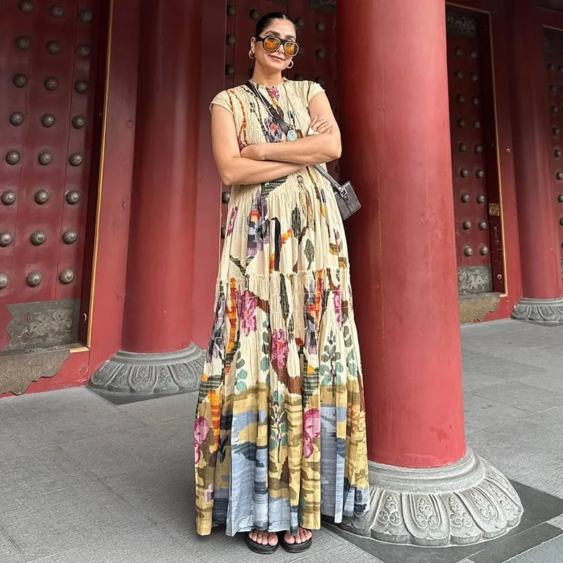 Elegant Pleated Lantern Sleeve Mid-Calf Dress – Women’s O-Neck Holiday Beach Outfit