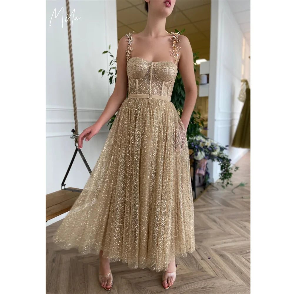 Mila Champagne Strapless Customized Party Dresses Sleeveles Beaded Straps Zip Prom Dresses Elegant Ankle-Length Evening Dresses