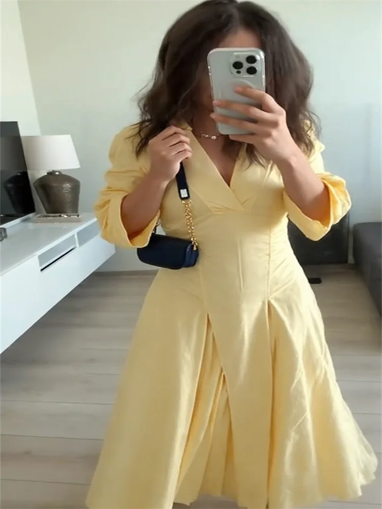 Elegant Lapel Waist-Cinched Pleated Shirt Dress – Women’s Half Sleeve Floor-Length Summer Style